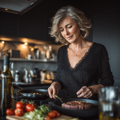 Літня жінка готує здорову їжу